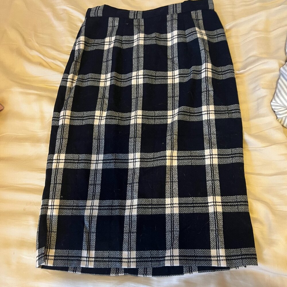 Modcloth Erudite Energy Plaid Navy and White Midi Pencil Skirt